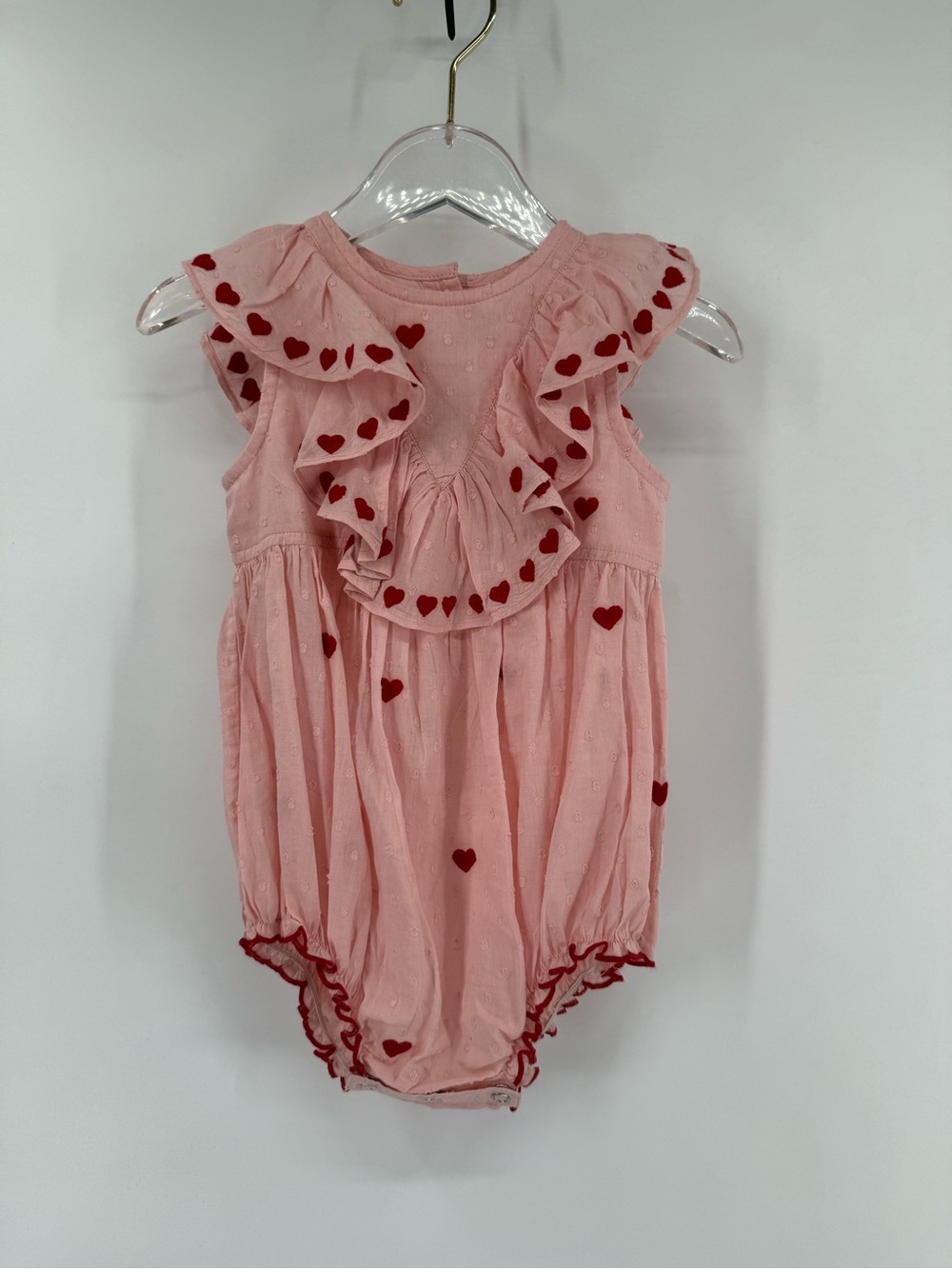 pink chicken embroidered hearts with ruffles romper 18-24